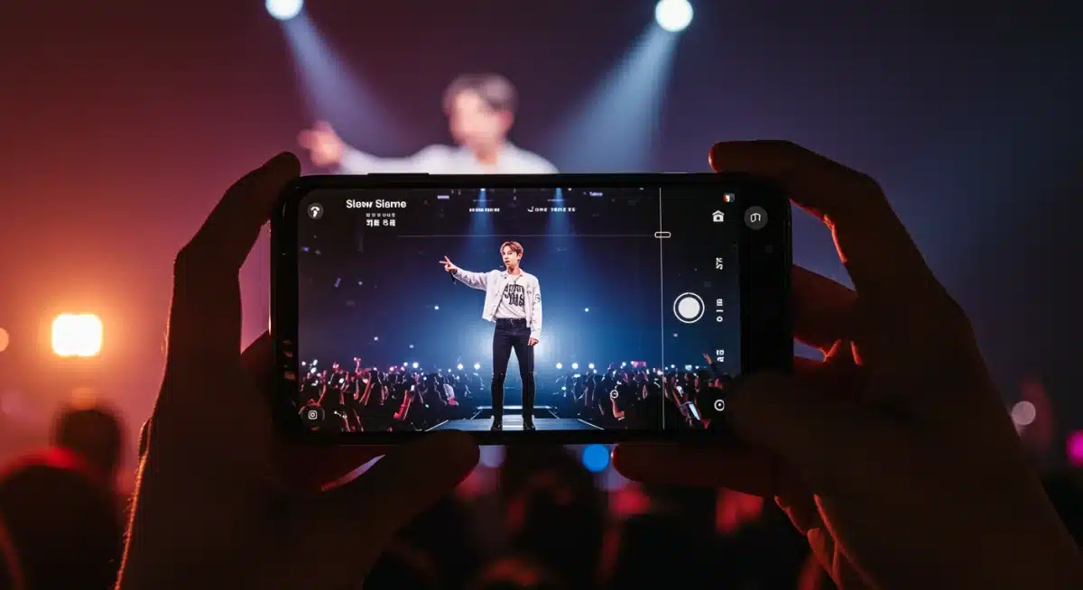 Fan recording K-Pop idol with advanced smartphone fancam in 2026