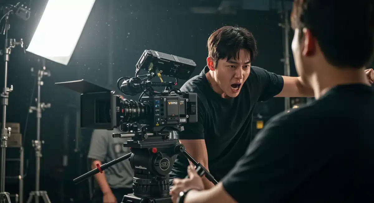 K-Drama actor intensely performing on a high-production set, highlighting the quality of Korean drama.