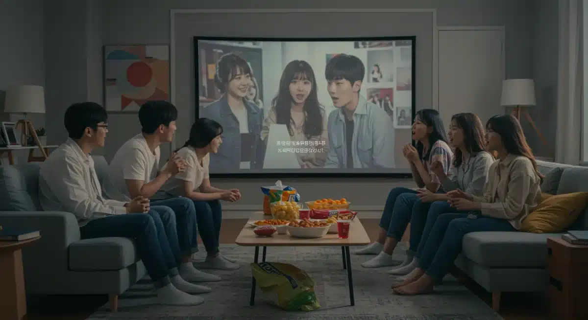 Friends enjoying a K-Drama watch party, showcasing communal viewing trends.