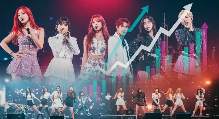 K-Pop idols performing on stage with financial growth charts and US city skylines.