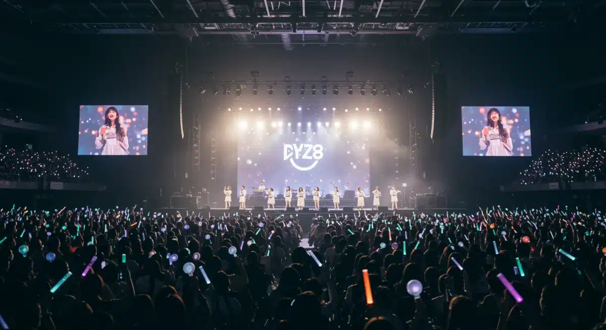 Energetic K-Pop concert with fans and lightsticks, symbolizing tour success.