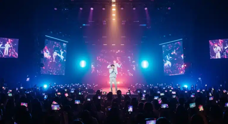 K-Pop concert in 2026 with advanced fancam technology and interactive fan engagement