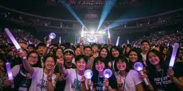 Diverse K-Pop fans at a concert, lightsticks glowing, connecting globally
