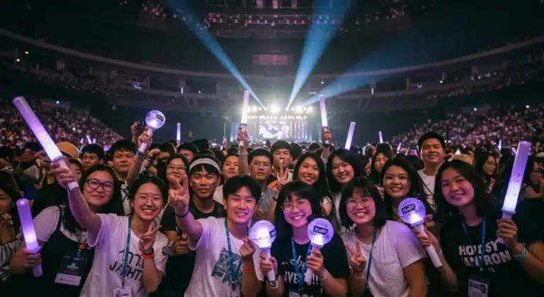 Diverse K-Pop fans at a concert, lightsticks glowing, connecting globally
