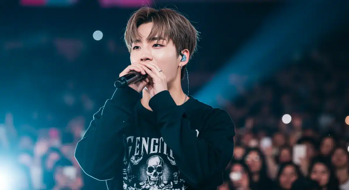 K-Pop idol performing enthusiastically on stage with bright lights and a cheering crowd in the background.