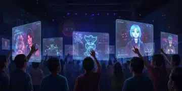 Diverse fans engaging with holographic digital fan art projections in a futuristic setting.