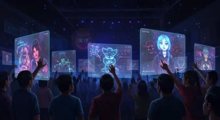 Diverse fans engaging with holographic digital fan art projections in a futuristic setting.