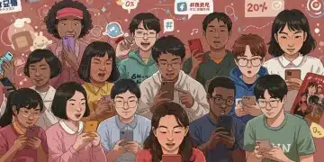 Diverse dorama fans engaging with social media on phones and tablets, surrounded by glowing social media icons and dorama imagery, illustrating a 20% increase in fan engagement.