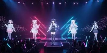 Futuristic virtual K-Pop idol group performing on a neon-lit stage with holographic effects for a large audience.