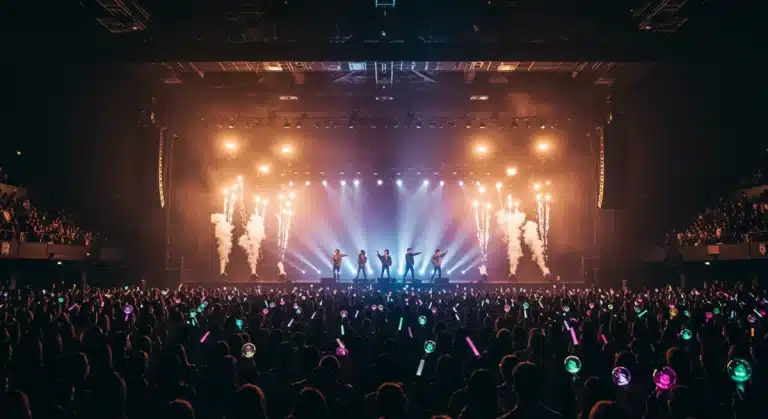 Dynamic K-Pop concert with enthusiastic fans and stage lighting for 2026 US tour