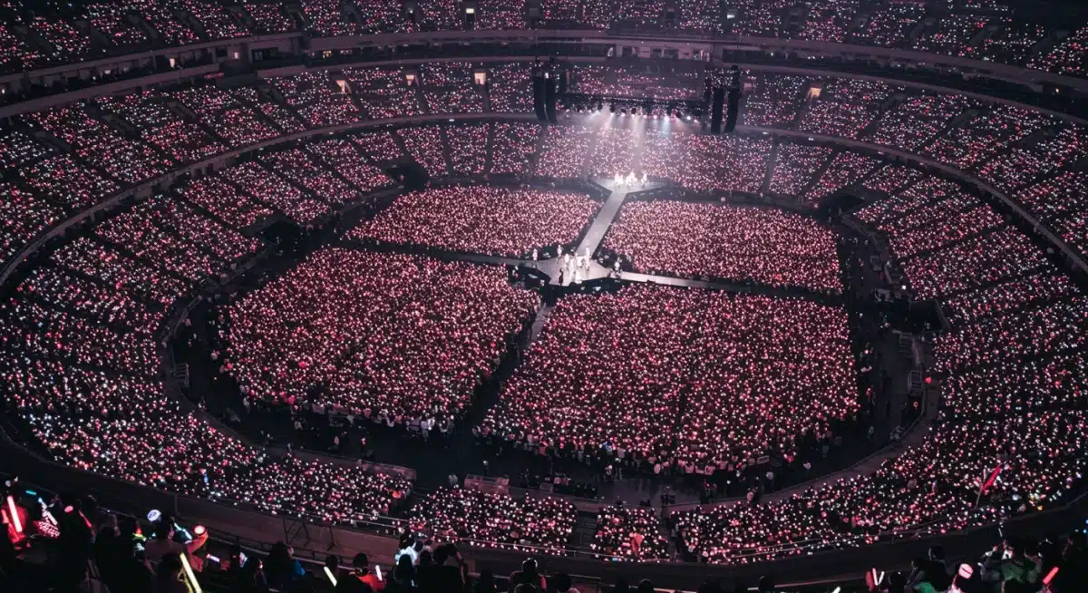 Large K-Pop concert arena filled with fans and lightsticks during a performance