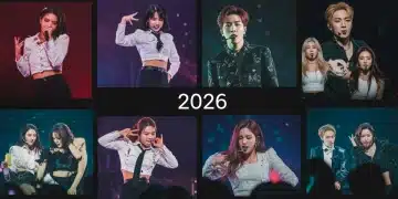 Dynamic K-Pop stage performance with idols, juxtaposed with behind-the-scenes footage, symbolizing the 2026 documentary boom and industry insights.