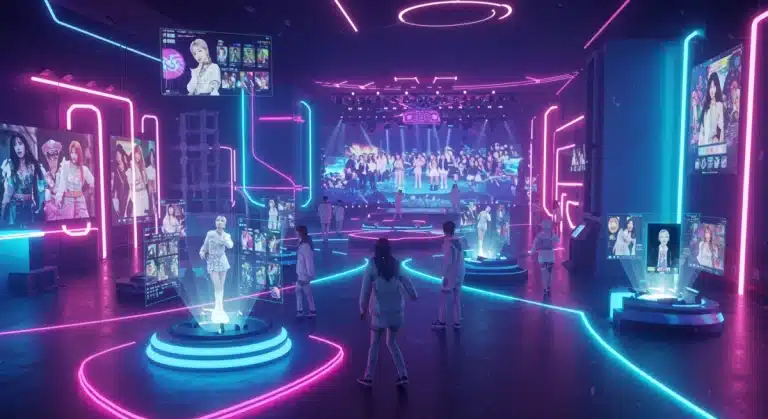 Futuristic digital platform with holographic K-Pop idols engaging with fans