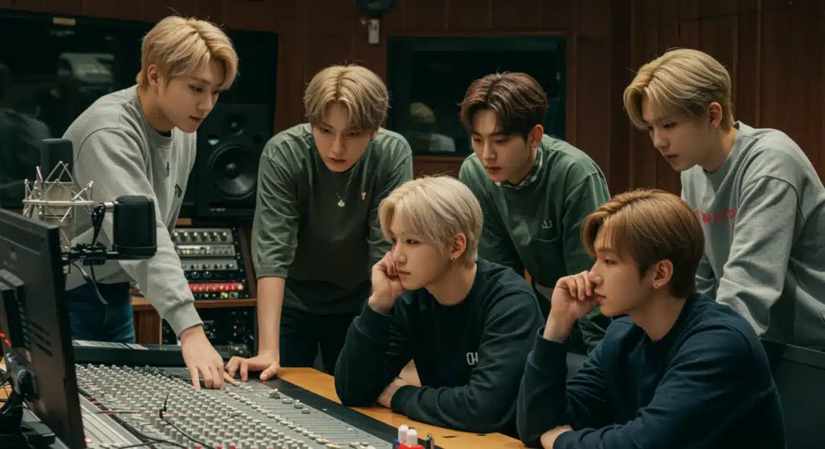 K-Pop idols collaborating intensely in a modern recording studio, showcasing the creative process and dedication behind their music production.