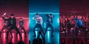 Three K-Pop rookie groups performing on a stage with neon lights, symbolizing their US breakthrough potential by 2026.