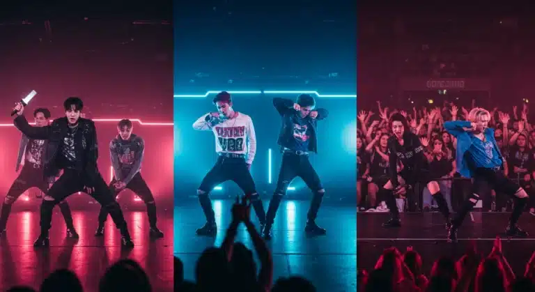 Three K-Pop rookie groups performing on a stage with neon lights, symbolizing their US breakthrough potential by 2026.
