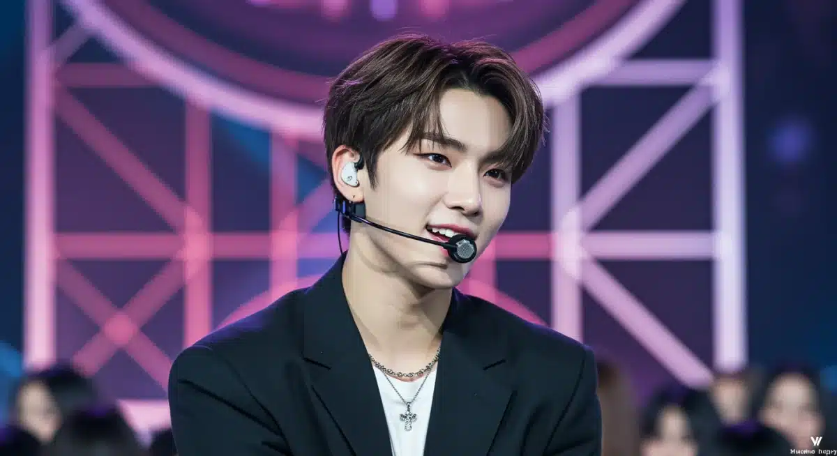 Charismatic K-Pop idol from a rookie group performing on stage, embodying dedication and artistic talent.