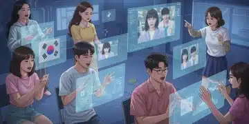US K-Drama fans interacting with holographic screens, symbolizing direct funding participation