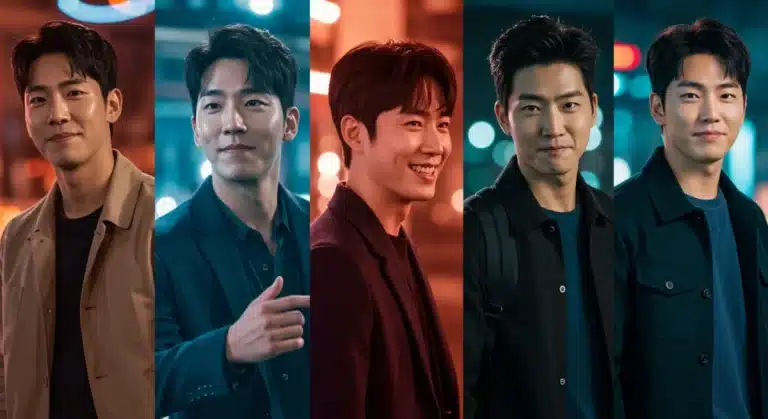 Five charismatic Korean Dorama actors, representing the 2026 Power List, confidently standing against a dynamic city backdrop, symbolizing their global impact.