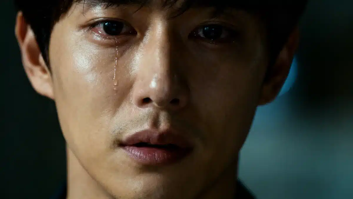 Male dorama actor expressing deep emotion with a tear, showcasing powerful acting.