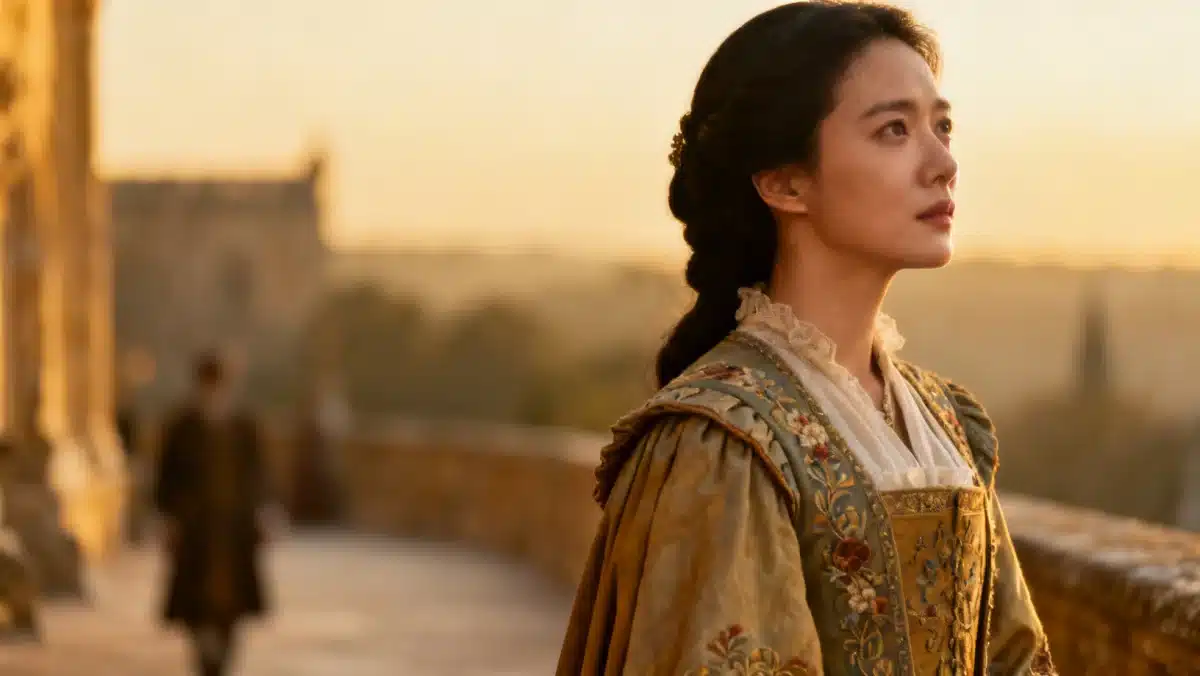 Female dorama actress in historical costume, portraying quiet strength and thoughtfulness.