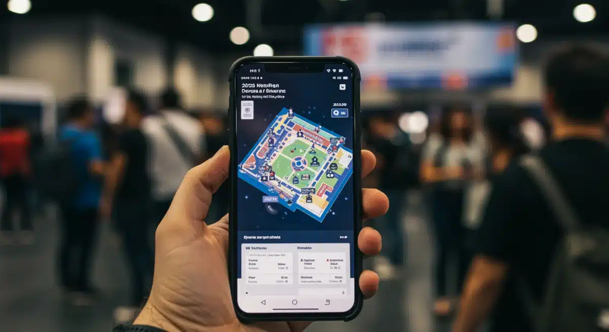 Fan using a smartphone to navigate a dorama event schedule and map, planning their day effectively.