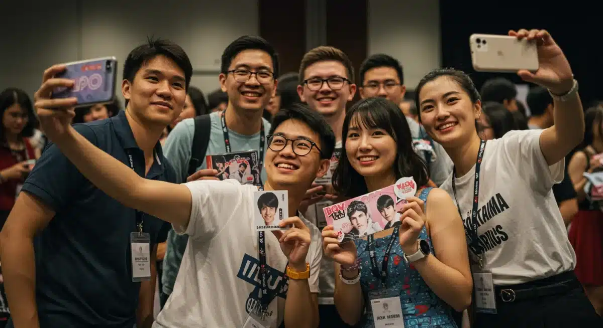 Friends in dorama-themed outfits taking a selfie at a fan meetup, surrounded by event decorations.