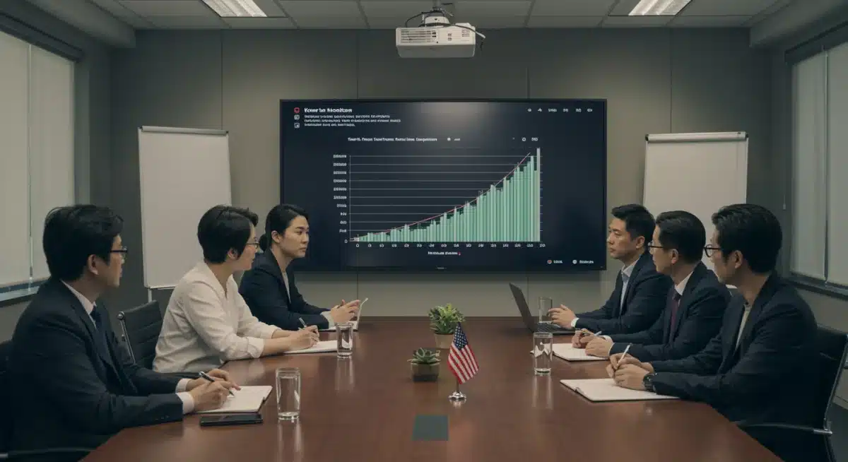 Film executives discussing Korean film market trends in a modern conference room.