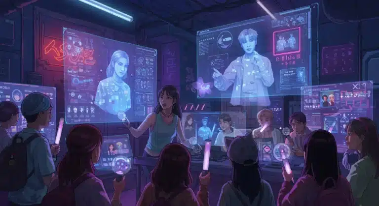Global K-Pop fans engaging with digital idol projections and each other, showcasing 2026 trends