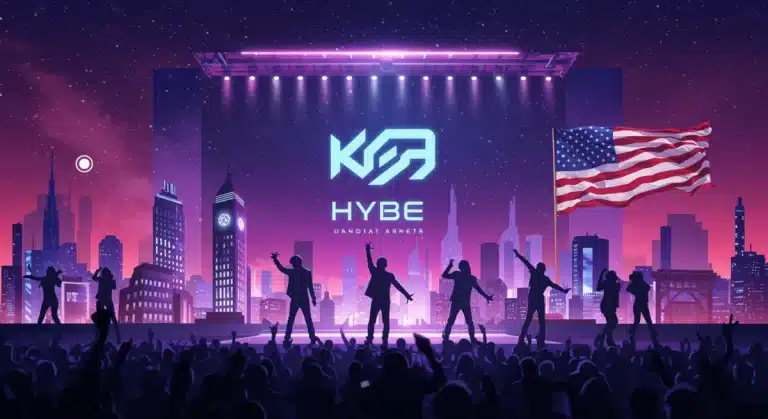 Hybe Corporation logo overlaying a vibrant cityscape with K-Pop artists performing, symbolizing global music expansion.