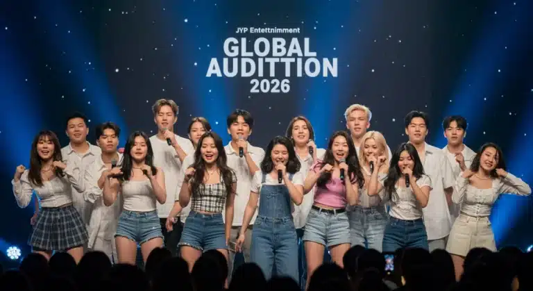 Aspiring K-Pop idols performing at JYP Global Audition 2026