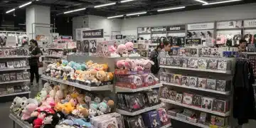 Vibrant K-Drama merchandise display in a bustling US retail store, showcasing diverse products and enthusiastic shoppers.