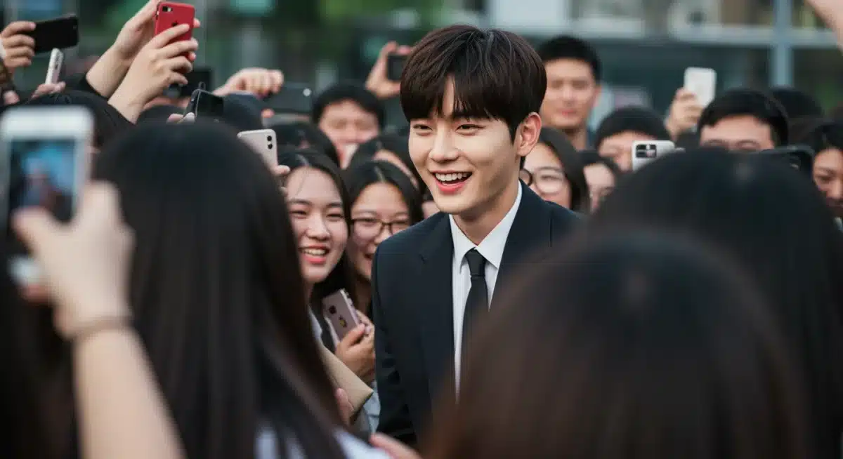 Young K-Drama actor smiling and engaging with diverse international fans at a global event.