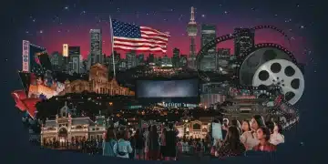 Dynamic collage of Korean and US cityscapes with film elements, symbolizing global film distribution.