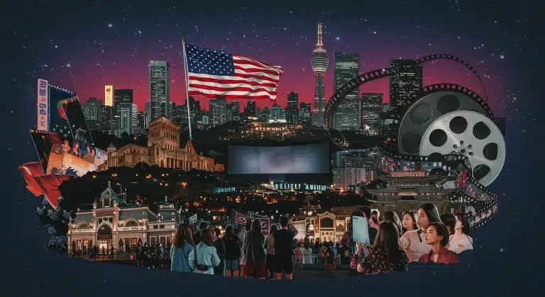 Dynamic collage of Korean and US cityscapes with film elements, symbolizing global film distribution.