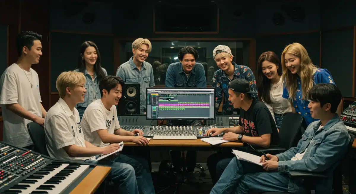 K-Pop artists from Hybe collaborating with American producers in a recording studio, fostering cross-cultural music creation.