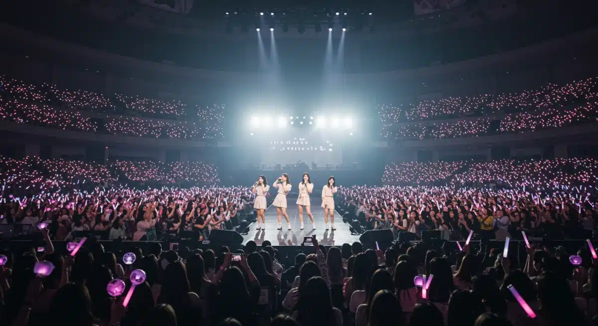 K-Pop group performing live to a diverse US audience, showcasing fan engagement