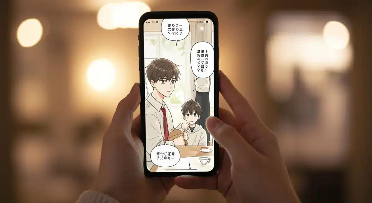 Hands holding a smartphone viewing a captivating dorama-inspired webtoon.