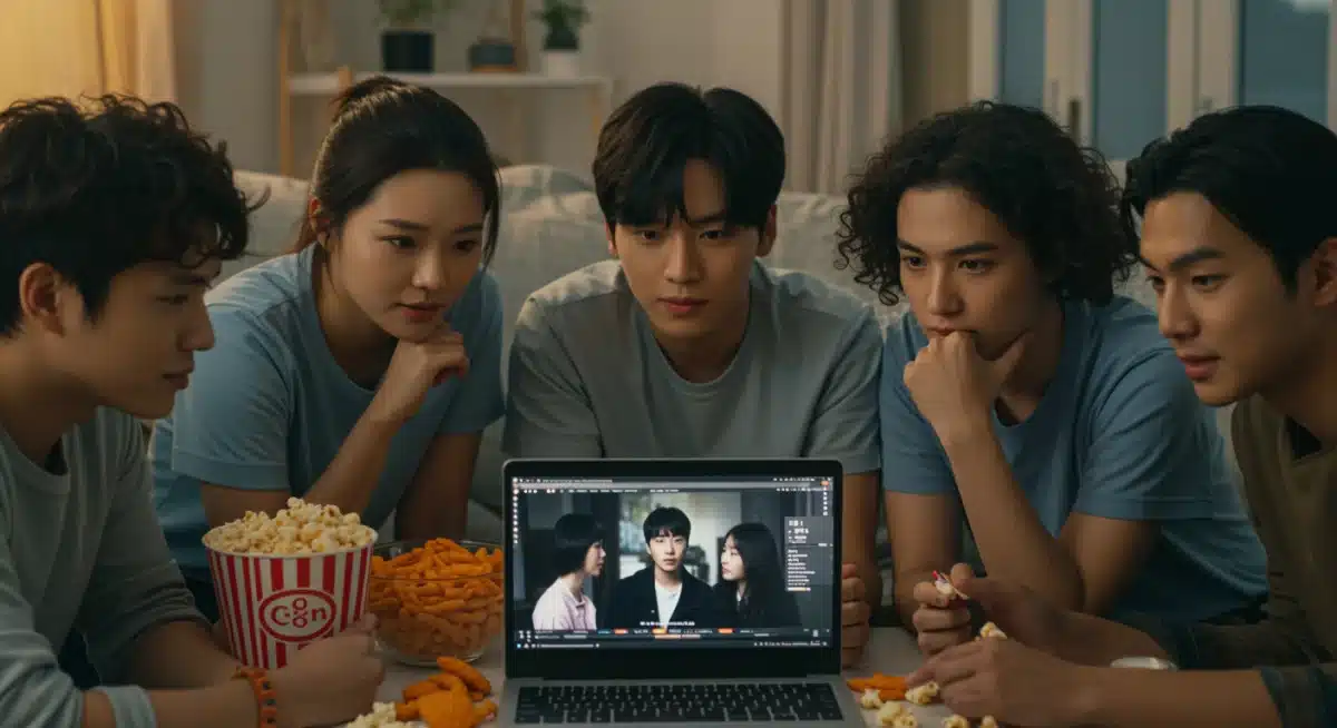 Friends watching K-drama together on a laptop, enjoying a shared experience