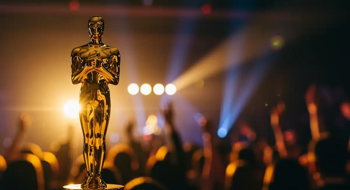 Golden award statuette gleaming under stage lights, symbolizing music industry success.
