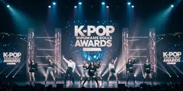 Futuristic stage with K-Pop idols performing, representing 2026 K-Pop Awards anticipation.