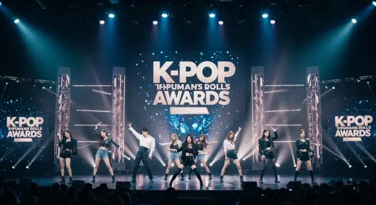 Futuristic stage with K-Pop idols performing, representing 2026 K-Pop Awards anticipation.