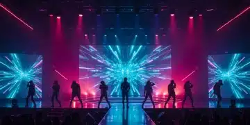 Futuristic K-Pop concert stage with neon lights and performing idols, symbolizing anticipated comebacks.