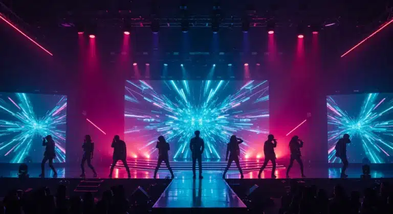 Futuristic K-Pop concert stage with neon lights and performing idols, symbolizing anticipated comebacks.