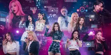 K-Pop idols on stage with data visualizations, representing digital footprint in U.S.