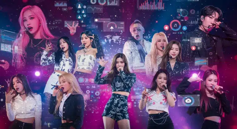 K-Pop idols on stage with data visualizations, representing digital footprint in U.S.