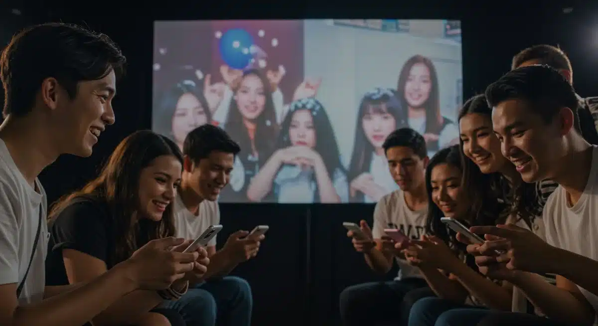 K-Pop fans enthusiastically watching a music video and interacting on their mobile devices.