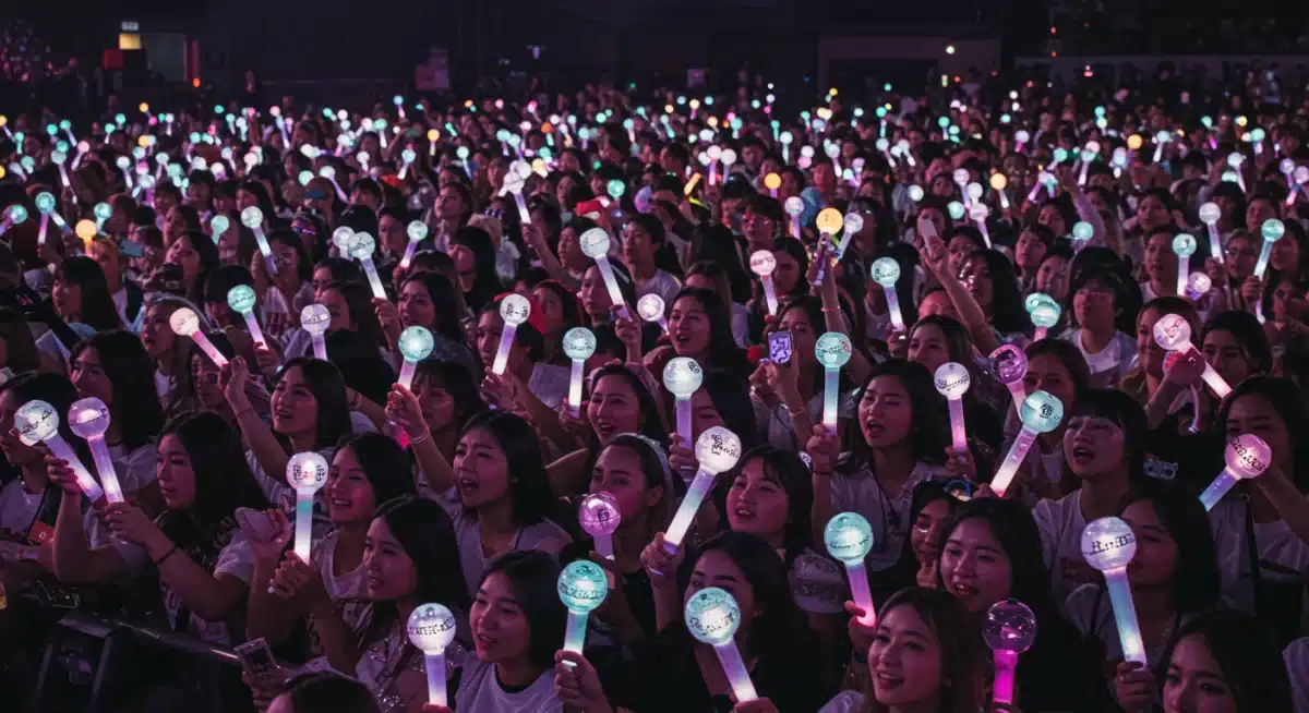K-Pop fans with glowing lightsticks cheering passionately at a live performance.