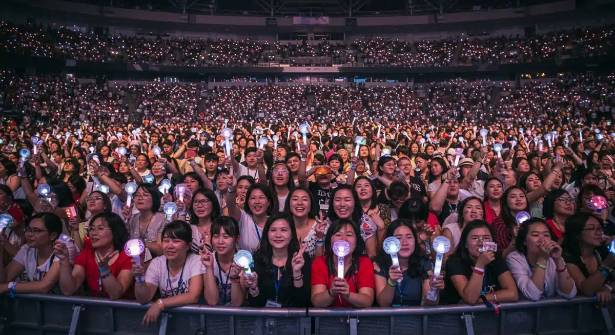 Diverse K-Pop fans cheering with lightsticks at a concert, global impact.