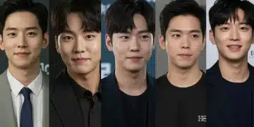 Five charismatic young Korean actors, confident and poised, representing the top breakout K-Drama stars of 2026.